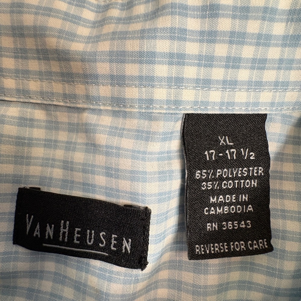 Van Heusen Men's XL (17–17.5) Blue Gingham Short Sleeve Button Down Shirt Pocket - Picture 5 of 11